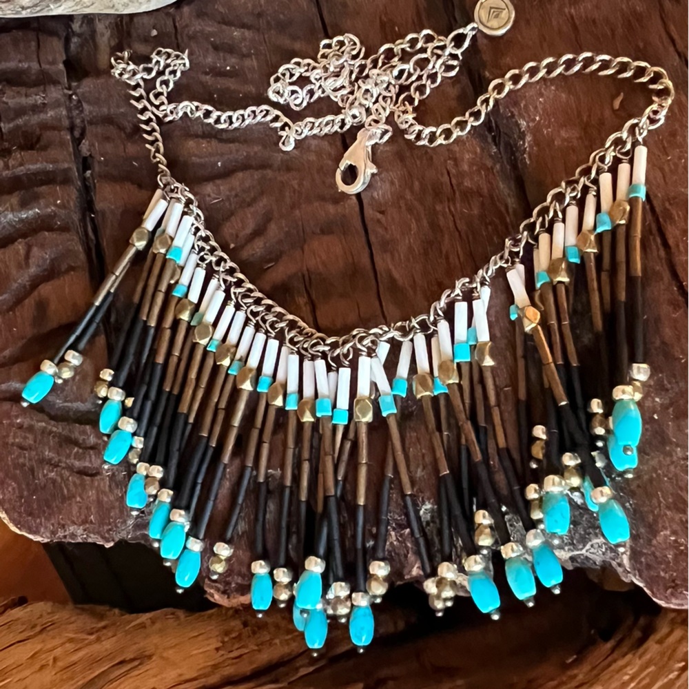 Silpada Fringe Necklace Blue Turquoise Howlite Gems Southwest Brass Western - Picture 8 of 11